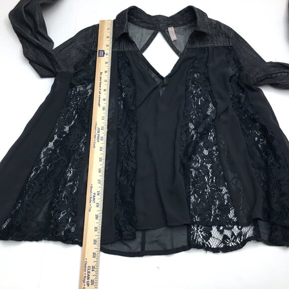 Free People Women's Black Denim & Lace Crop Top Long Sleeves Boho Open Back XS - Picture 5 of 10